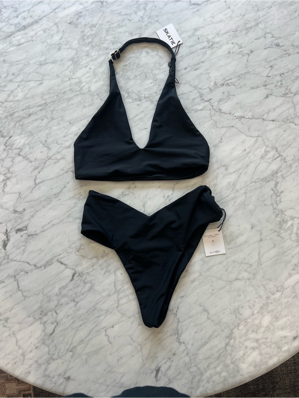 Skatie Black Deep V Halter Bikini Set